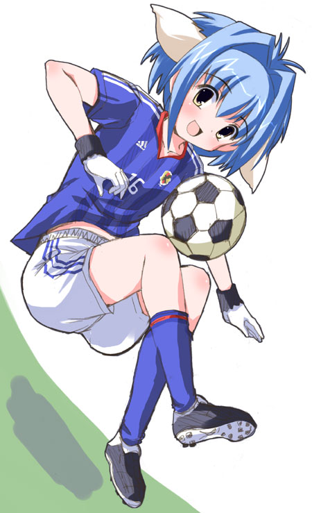 shinshin, mint blancmanche, 2002 fifa world cup, broccoli (company), galaxy angel, world cup, 00s, 1girl, ball, black shoes, blue socks, clothes writing, female focus, japan, playing sports, shoes, simple background, soccer, soccer ball, socks, solo, telstar, white background