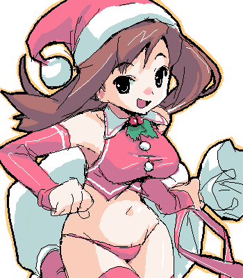 kurusu tatsuya, original, lowres, 1girl, bag, breasts, brown hair, christmas, detached sleeves, female focus, floating hair, hat, large breasts, looking at viewer, navel, oekaki, panties, santa costume, simple background, smile, solo, thighhighs, underwear