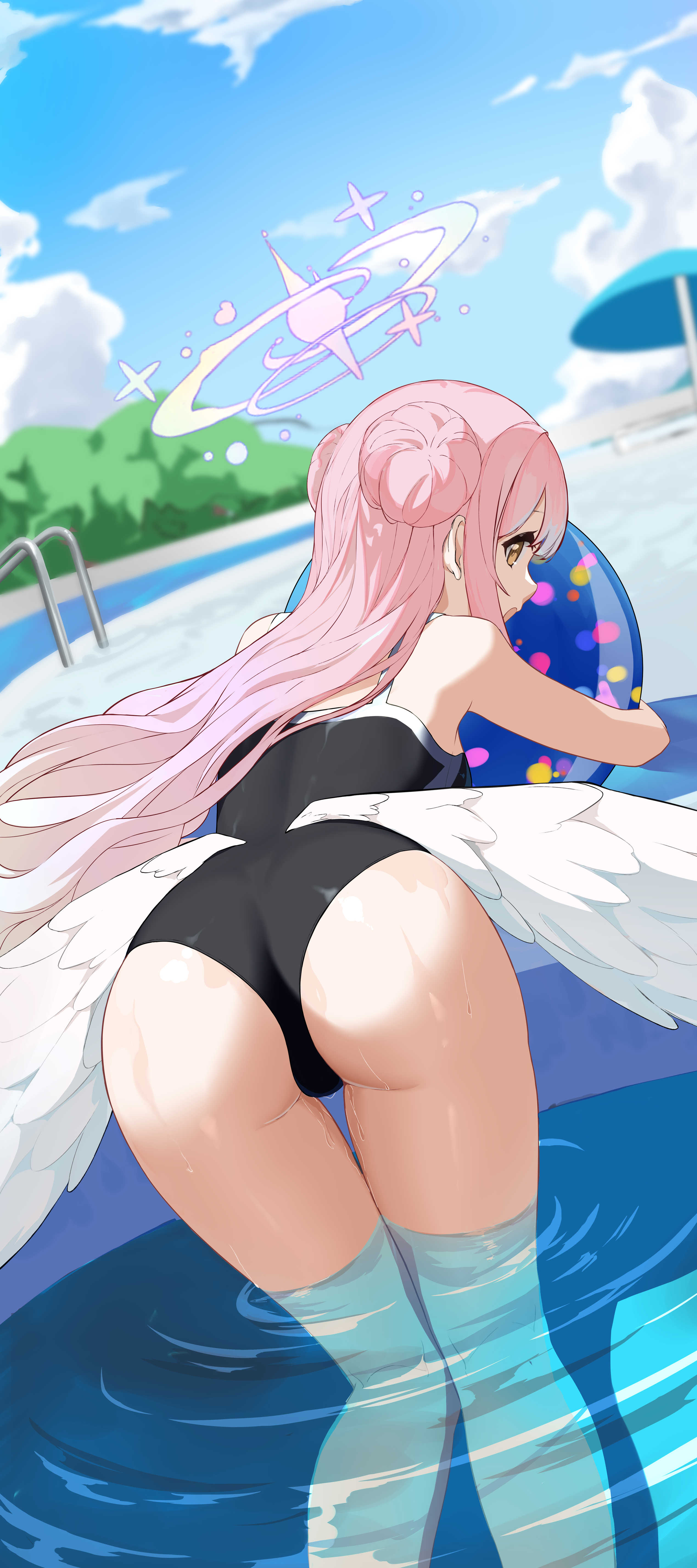 gmg (jiang35562897), mika (blue archive), blue archive, absurdres, highres, 1girl, angel wings, ass, ball, bare arms, beachball, competition swimsuit, double bun, feathered wings, hair bun, halo, long hair, looking at viewer, looking back, low wings, lying, on stomach, one-piece swimsuit, open mouth, pink hair, pink halo, pool, poolside, swimsuit, very long hair, wet, white wings, wings, yellow eyes
