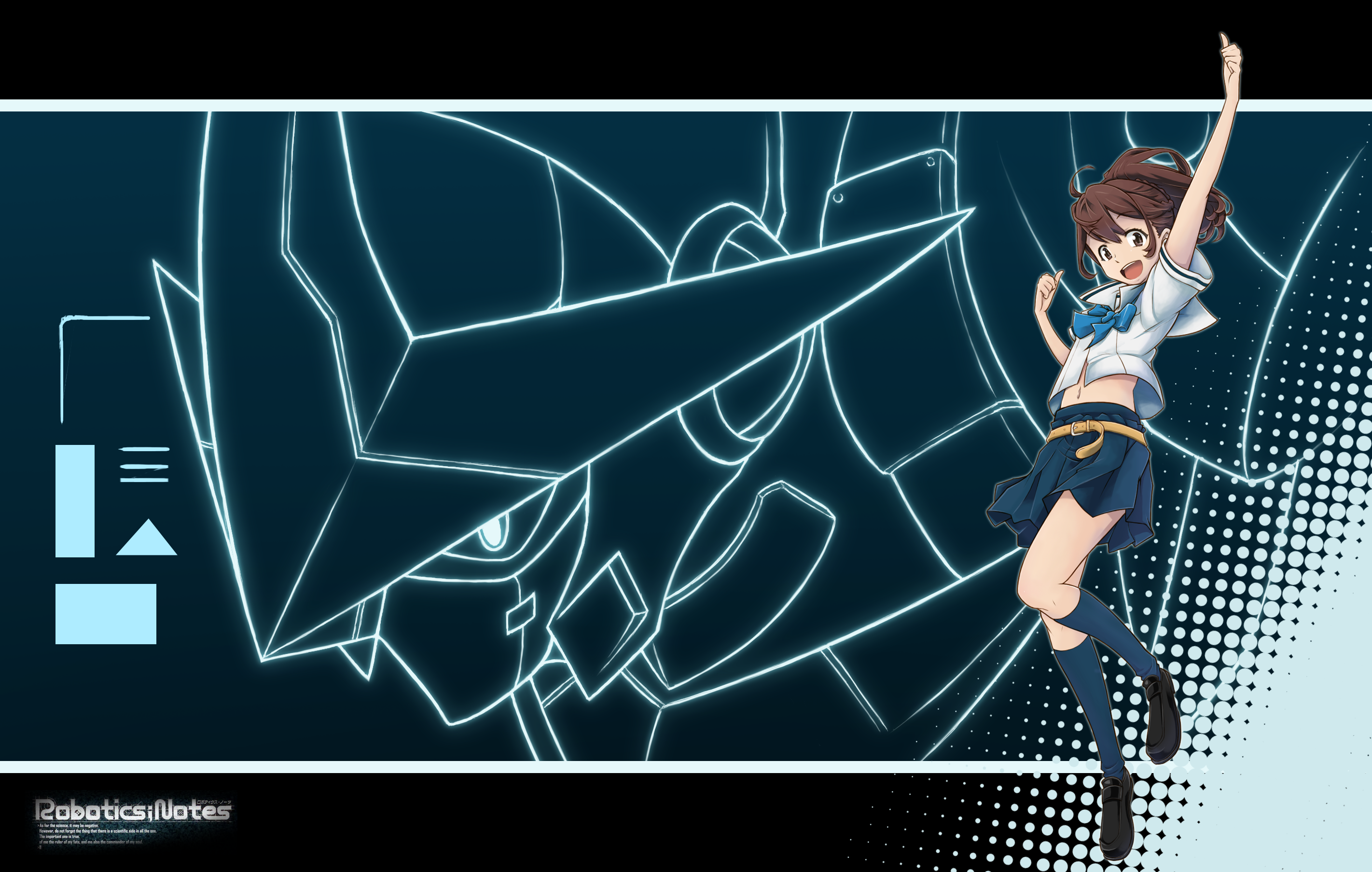 hotaru kiyo, gunvarrel, senomiya akiho, kidou battle gunvarrel, robotics;notes, science adventure, highres, 1girl, black shoes, blue socks, blush, brown eyes, brown hair, chuo tanegashima high school uniform, crop top, fist pump, kneehighs, letterboxed, looking at viewer, midriff, miniskirt, navel, open mouth, pleated skirt, school uniform, serafuku, shirt, shoes, short hair, shorts, skirt, smile, socks, solo, teeth, tongue, upper teeth only