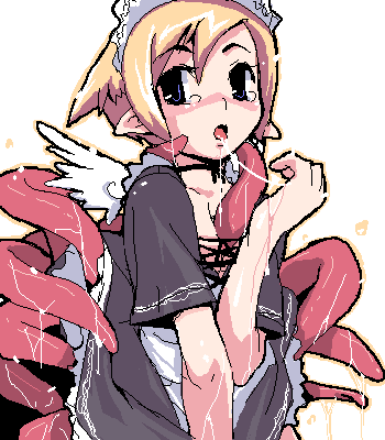 kurusu tatsuya, original, bad id, bad pixiv id, lowres, 1girl, blonde hair, blue eyes, clothes lift, cum, elf, female focus, maid, maid headdress, pointy ears, skirt, skirt lift, solo, tears, tentacles, wings