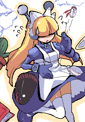 kurusu tatsuya, bonus-kun (waku waku 7), tesse, waku waku 7, lowres, 1girl, apron, blonde hair, book, cactus, collar, cup, dress, female focus, hair over eyes, long hair, maid, maid apron, maid headdress, oekaki, plant, potted plant, purple dress, robot ears, solo, teacup, thighhighs
