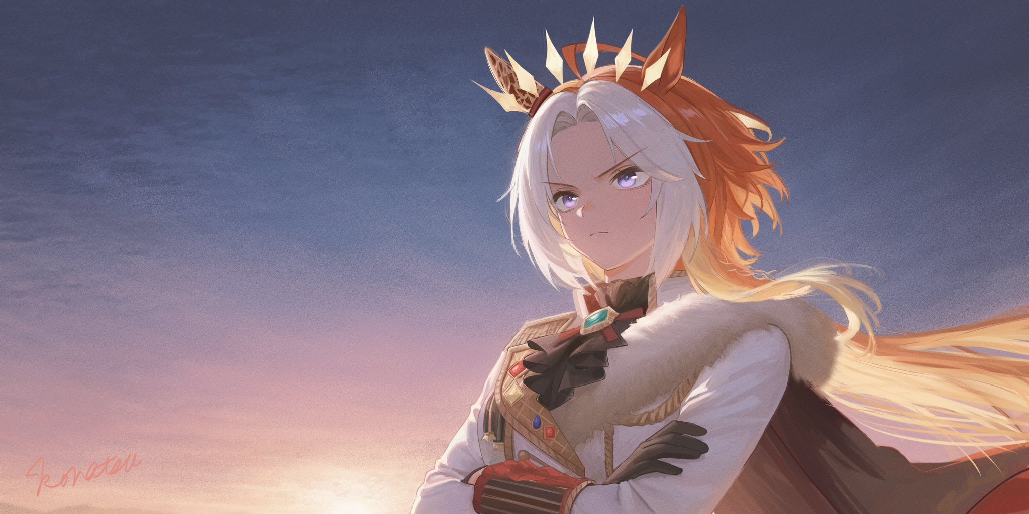 orfevre (umamusume), umamusume, highres, >:(, ahoge, animal ears, aqua gemstone, ascot, black ascot, black cape, black gloves, blue sky, brooch, cape, chain, chain earrings, closed mouth, crossed arms, dusk, ear covers, ear ornament, film grain, floating hair, from below, fur-trimmed jacket, fur trim, gem, gloves, gradient sky, hair intakes, horse ears, horse girl, jacket, jewelry, konatsu sunset2, lapel pin, lapels, long hair, multicolored hair, orange hair, orange sky, outdoors, pink sky, signature, single ear cover, sky, striped wristband, two-tone hair, upper body, v-shaped eyebrows, very long hair, white hair, white jacket, wristband