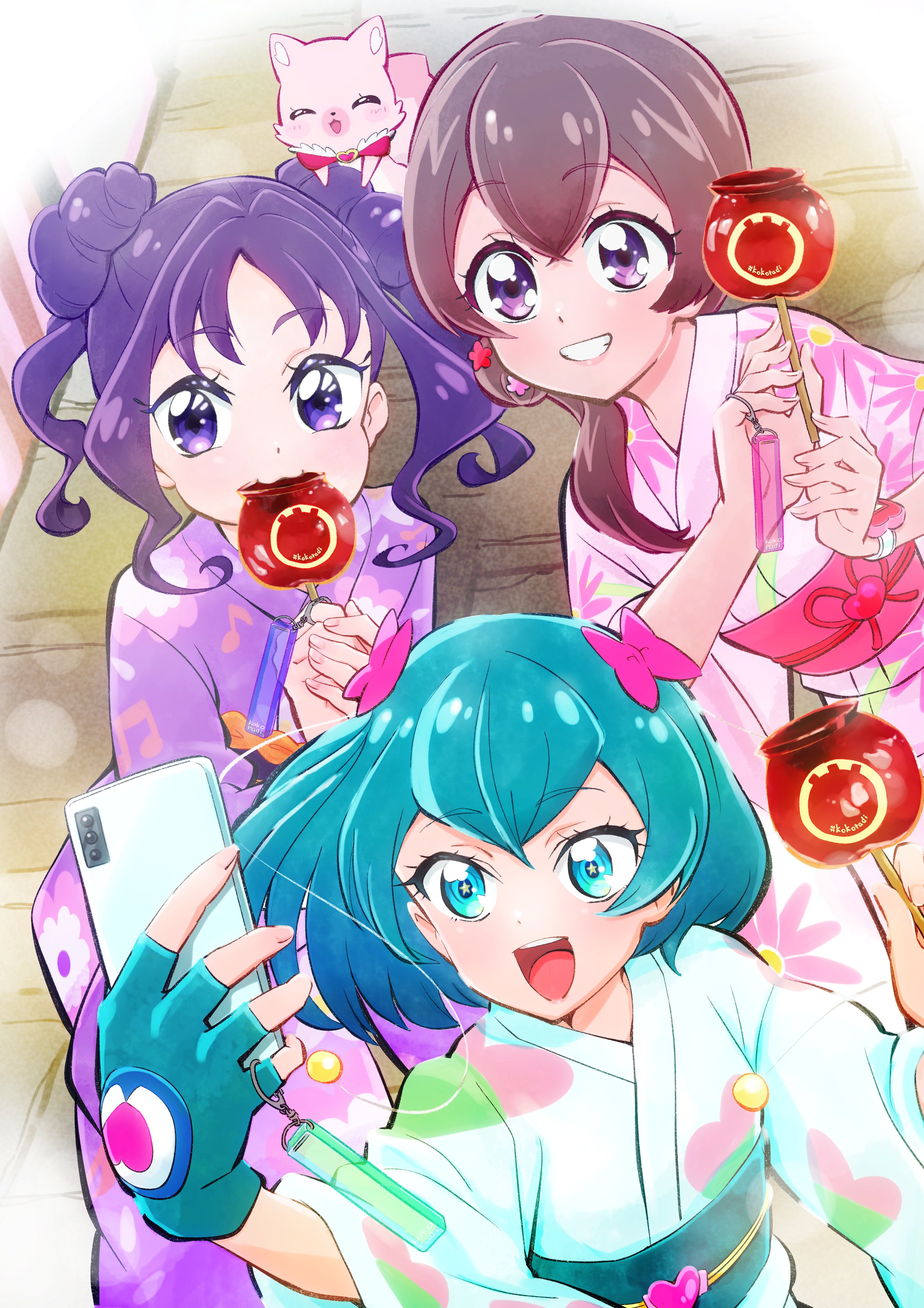 itaoka1, hagoromo lala, kome-kome, nagomi yui, shigure kokoro, delicious party precure, kimi to idol precure, precure, star twinkle precure, absurdres, highres, 3girls, aqua eyes, aqua hair, blush, bow, brown hair, candy apple, crossed bangs, curtained hair, double bun, fingerless gloves, fingernails, food, gloves, hair bow, hair bun, hair ornament, heart, heart print, holding, holding phone, japanese clothes, kimono, lipstick, makeup, multiple girls, open mouth, phone, pink bow, purple eyes, purple hair, short hair, smile, star-shaped pupils, star (symbol), symbol-shaped pupils, taking picture, teeth, upper teeth only