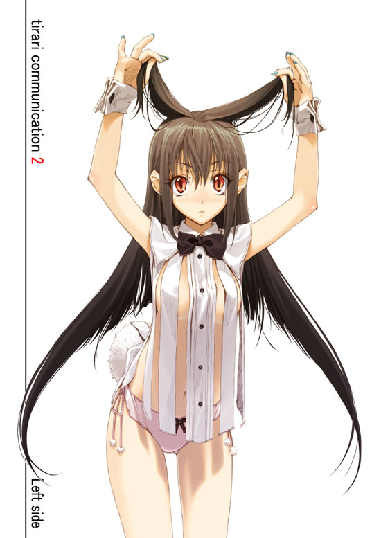 hidari (left side), original, 1girl, animal ears, bare legs, black hair, bow, bow panties, breasts, brown hair, confused, cowboy shot, fake animal ears, female focus, green nails, layered, leotard, long hair, nail polish, no bra, panties, playboy bunny, pull, pulling, rabbit ears, red eyes, side-tie panties, small breasts, solo, underwear, very long hair, waitress, white panties