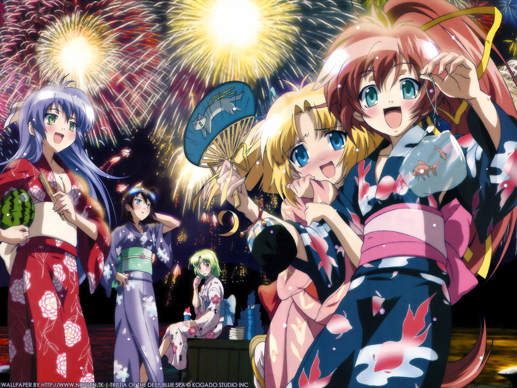 komatsu eiji, fawly, fawly (aoi umi no tristia), hanabi, nanoca flanka, nene hampdon, panavia tornado (aoi umi no tristia), rafale (aoi umi no tristia), aoi umi no tristia, 00s, 5girls, aerial fireworks, anime coloring, arm hug, bag, bagged fish, fireworks, fish, folded fan, folding fan, food, goldfish, hand fan, holding, holding bag, holding fan, japanese clothes, kimono, long sleeves, multiple girls, obi, paper fan, pink sash, plate, sash, shaved ice, uchiwa, yukata