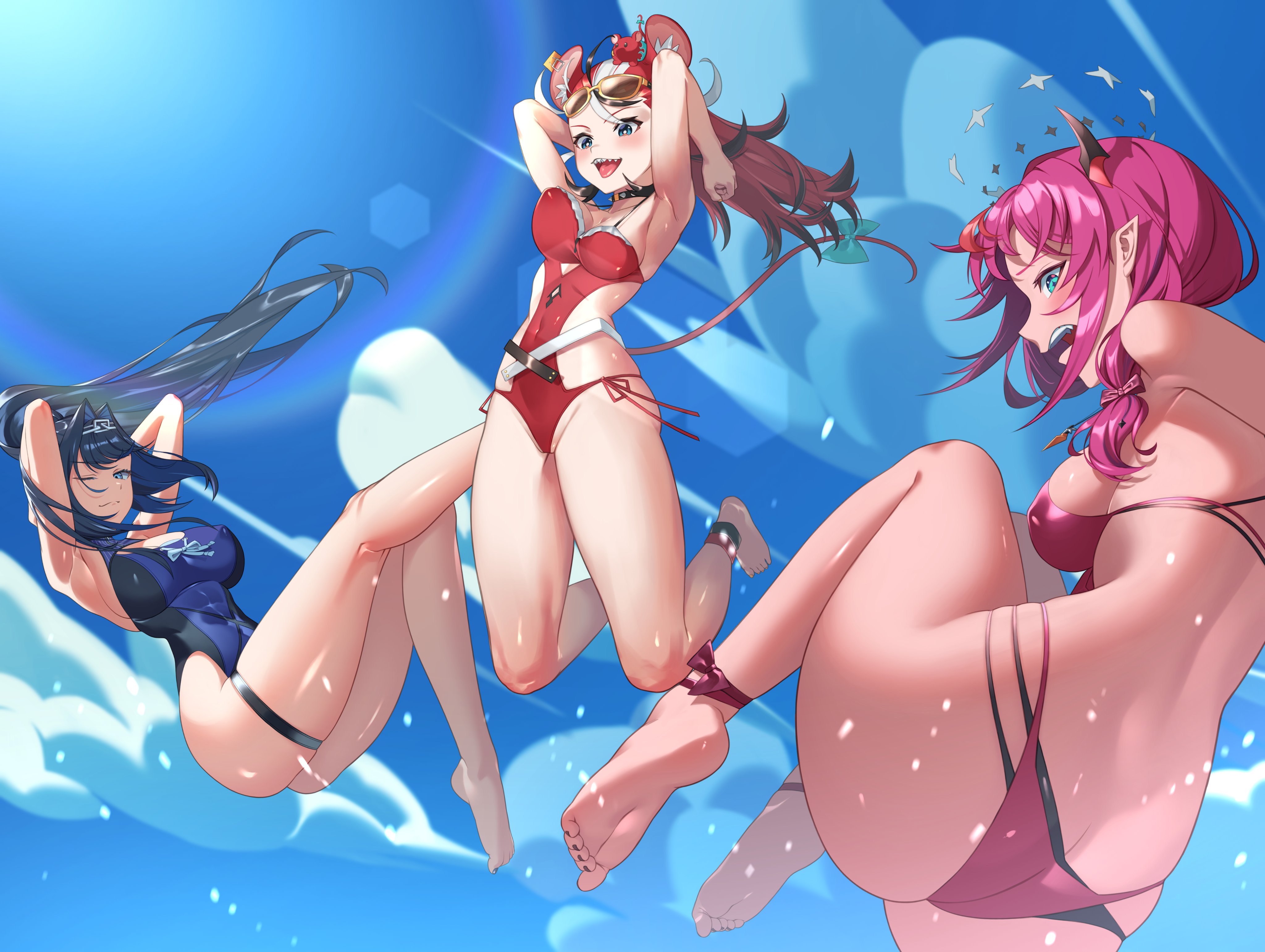 70m4444, hakos baelz, hakos baelz (holonatsu paradise), irys (hololive), irys (holonatsu paradise) (hololive), mr. squeaks (hakos baelz), ouro kronii, ouro kronii (holonatsu paradise), hololive, hololive english, holonatsu paradise, holopromise, absurdres, hashtag-only commentary, highres, animal ears, arms up, ass, bikini, black bikini, black hair, black horns, blue one-piece swimsuit, blue sky, breasts, chain, chain headband, day, double bikini, double halo, hair intakes, halo, horns, large breasts, medium breasts, midair, mouse ears, mouse girl, mouse on head, mouse tail, multicolored hair, official alternate costume, official alternate hairstyle, one-piece swimsuit, one eye closed, open mouth, outdoors, pointy ears, purple bikini, purple hair, red hair, red one-piece swimsuit, red streaks, sharp teeth, sky, swimsuit, tail, teeth, thigh strap, virtual youtuber, white hair