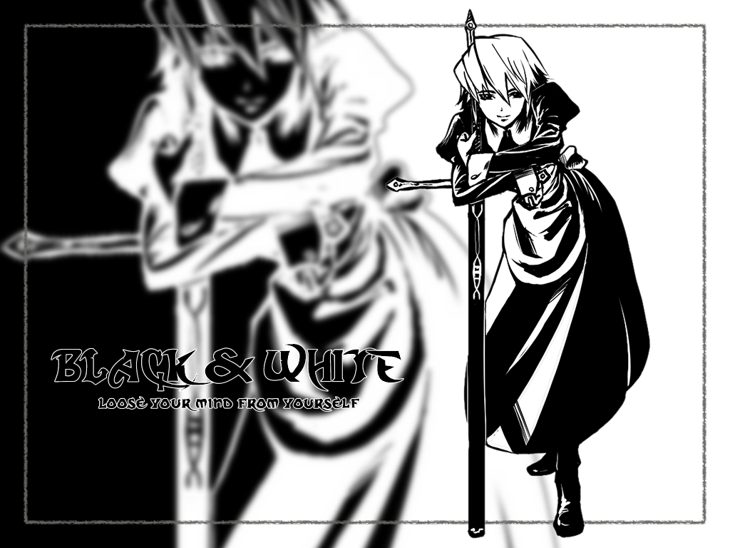 kotonomiya yuki, yami yuki, futaba channel, suigetsu, 1girl, boots, darkyuki, english text, female focus, full body, greyscale, leaning, long sleeves, looking at viewer, maid, monochrome, short hair, smile, solo, standing, sword, weapon, zoom layer