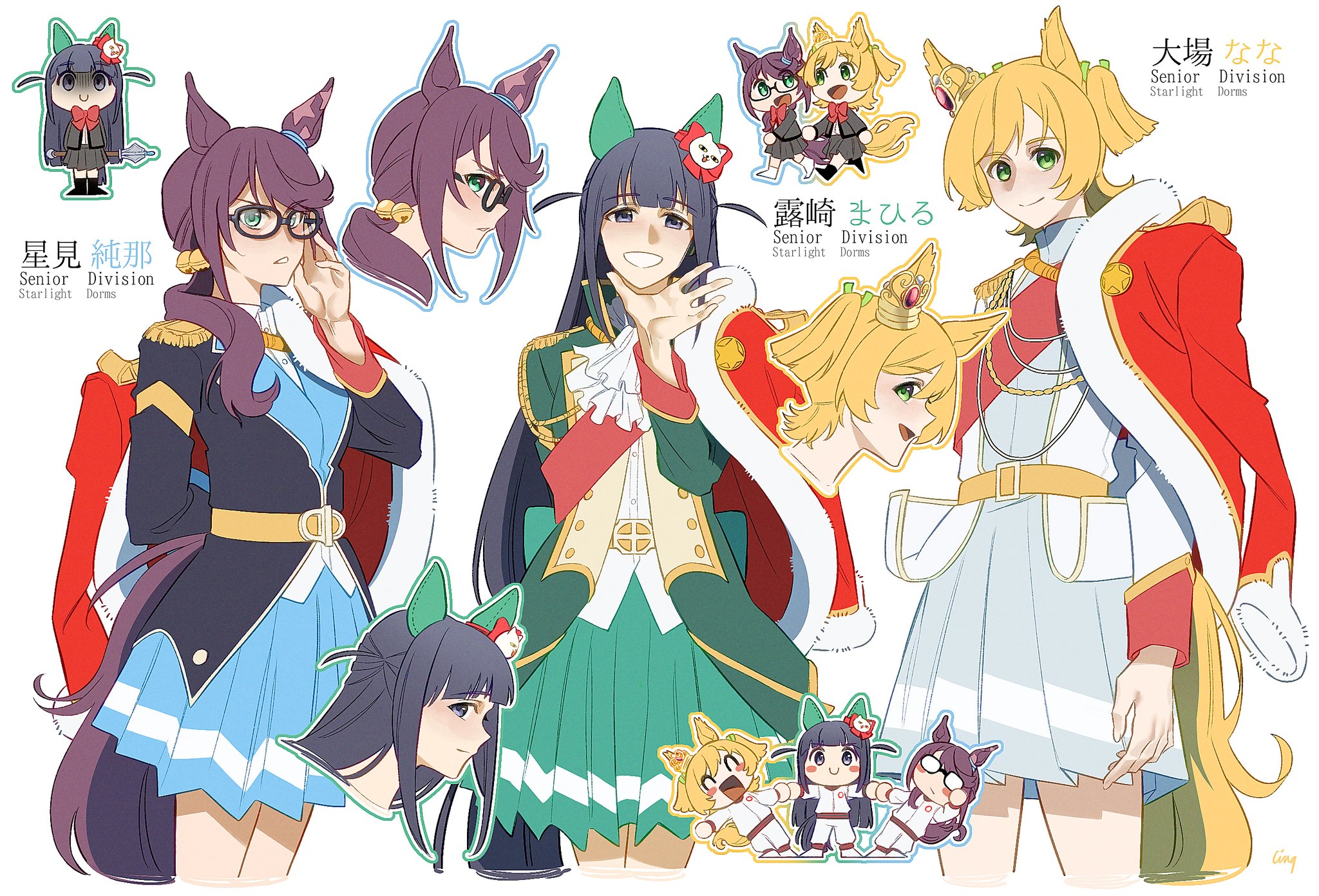 ling (chaaaaanhikari), daiba nana, hoshimi junna, tsuyuzaki mahiru, shoujo kageki revue starlight, umamusume, commentary, english commentary, highres, 3girls, animal ears, black-framed eyewear, black hair, black jacket, blonde hair, blue skirt, blunt bangs, bow, bowtie, character name, ear covers, flanged mace, fur-trimmed jacket, fur trim, glasses, green eyes, green jacket, green skirt, grey eyes, grey jacket, grey skirt, half updo, holding, holding mace, holding weapon, horse ears, horse girl, horse tail, jacket, jacket on shoulders, kemonomimi mode, mace, miniskirt, multiple girls, multiple views, opaque glasses, open clothes, open jacket, pants, pleated skirt, purple hair, red bow, red bowtie, red jacket, seishou music academy uniform, shirt, short hair, short twintails, skirt, tail, track jacket, track pants, twintails, two side up, weapon, white jacket, white pants, white shirt, white track suit