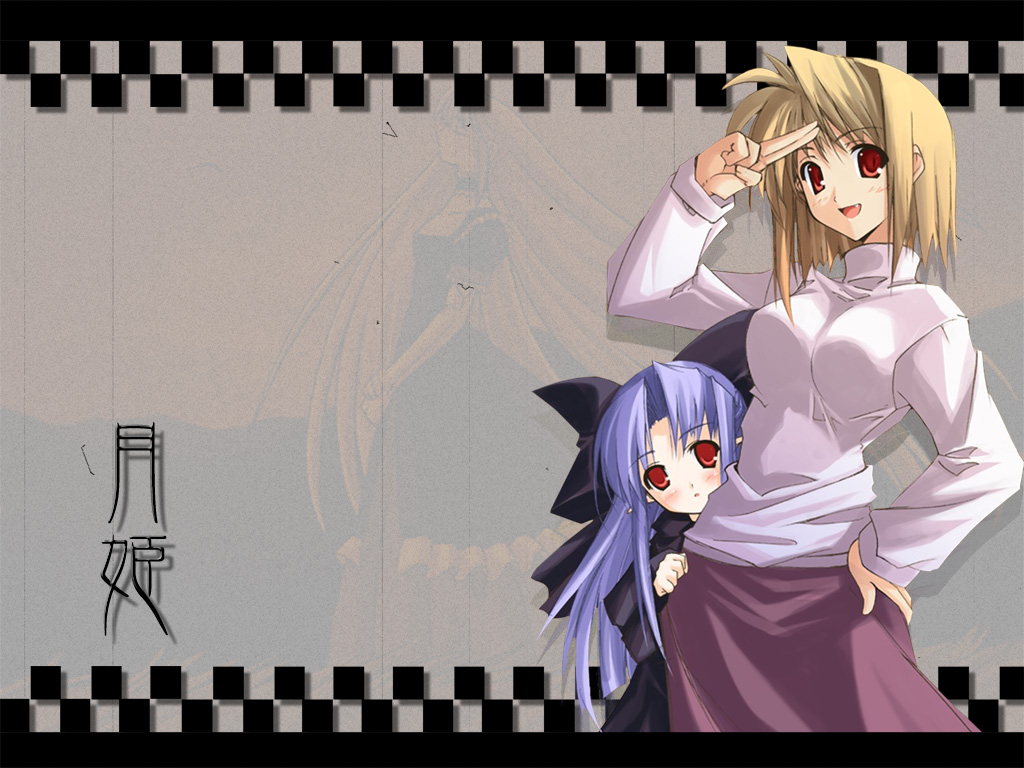 shingo (missing link), arcueid brunestud, len (tsukihime), tsukihime, black legwear, 00s, 2girls, blonde hair, blue hair, bow, capelet, clothes grab, dress, hair bow, half updo, long hair, long skirt, long sleeves, multiple girls, pointy ears, purple skirt, red eyes, ribbon, short hair, skirt, skirt grab, sweater, turtleneck