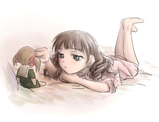 fukuzawa yumi, matsudaira touko, maria-sama ga miteru, 00s, 1girl, barefoot, brown eyes, brown hair, character doll, doll, female focus, legs up, lying, on stomach, pajamas, school uniform, serafuku, short twintails, solo, twintails