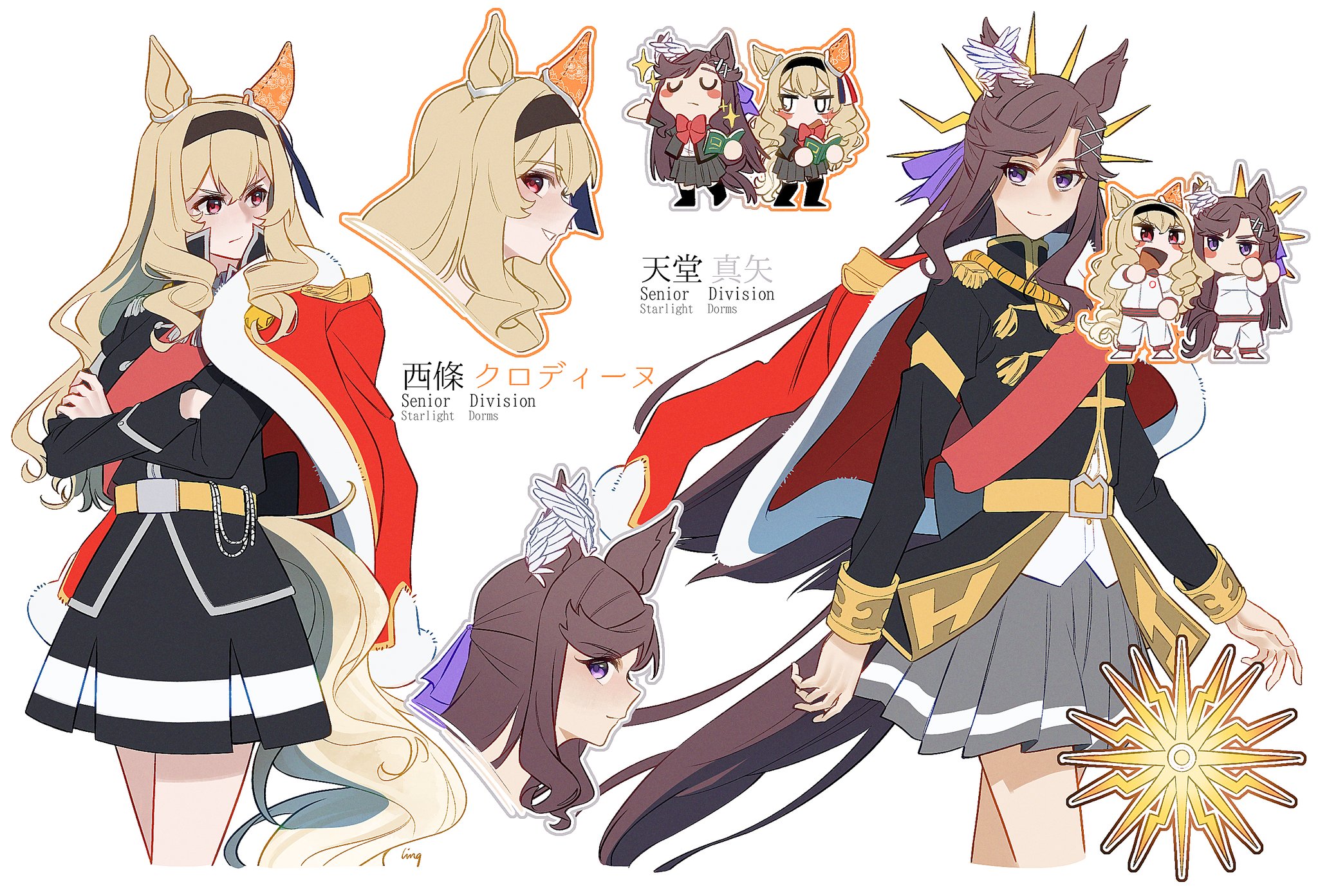 ling (chaaaaanhikari), saijou claudine, tendou maya, shoujo kageki revue starlight, umamusume, commentary, english commentary, highres, 2girls, animal ears, black hairband, black jacket, black skirt, blonde hair, blush, blush stickers, book, bow, bowtie, brown hair, character name, closed eyes, closed mouth, crossed arms, ear covers, fur-trimmed jacket, fur trim, grey jacket, grey skirt, grin, hair ornament, hairband, holding, holding book, horse ears, horse girl, horse tail, jacket, jacket on shoulders, kemonomimi mode, long sleeves, looking at another, miniskirt, multiple girls, multiple views, open clothes, open jacket, pants, pleated skirt, purple eyes, red bow, red bowtie, red eyes, red jacket, seishou music academy uniform, single ear cover, skirt, smile, sparkle, split mouth, tail, track jacket, track pants, u u, white jacket, white pants, white track suit, wing hair ornament, x hair ornament