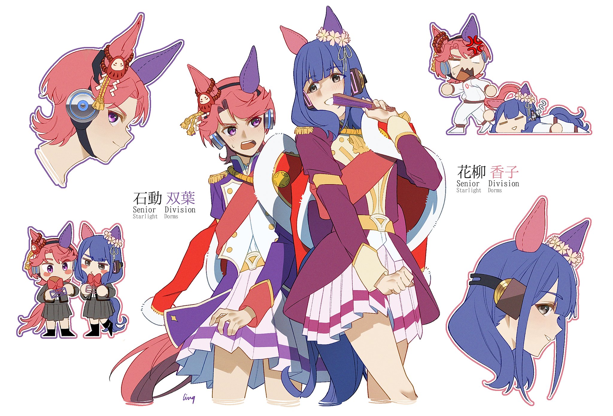 ling (chaaaaanhikari), hanayagi kaoruko, isurugi futaba, shoujo kageki revue starlight, umamusume, commentary, english commentary, highres, 2girls, = =, anger vein, animal ears, blank eyes, blue hair, blush, bow, bowtie, character name, daruma doll, ear covers, folded fan, folding fan, grey jacket, grey skirt, grin, hand fan, holding, holding fan, horse ears, horse girl, horse tail, implied extra ears, jacket, long sleeves, miniskirt, mismatched ear covers, multiple girls, multiple views, open clothes, open jacket, open mouth, pants, pleated skirt, profile, purple eyes, purple jacket, red bow, red bowtie, red hair, seishou music academy uniform, shirt, single ear cover, skirt, smile, tail, teeth, track jacket, track pants, upper teeth only, white jacket, white pants, white shirt, white skirt, white track suit