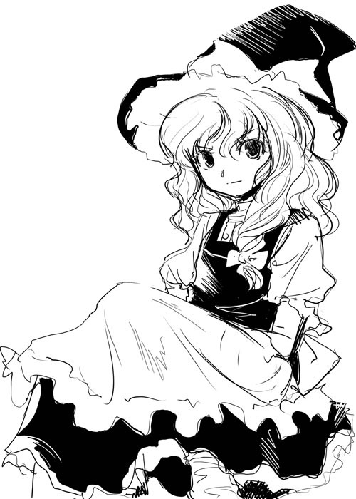 kirisame marisa, touhou, 1girl, apron, dress, female focus, greyscale, hair ribbon, hat, high contrast, monochrome, ribbon, simple background, sitting, solo, tress ribbon, witch, witch hat