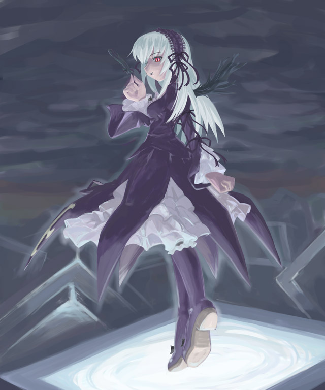ugai yuichi, suigintou, rozen maiden, 00s, 1girl, albino, boots, dress, feathers, female focus, full body, gothic lolita, hairband, holding, holding feather, lolita fashion, lolita hairband, long hair, long sleeves, looking at viewer, red eyes, slit pupils, smile, solo, standing, white hair, wings