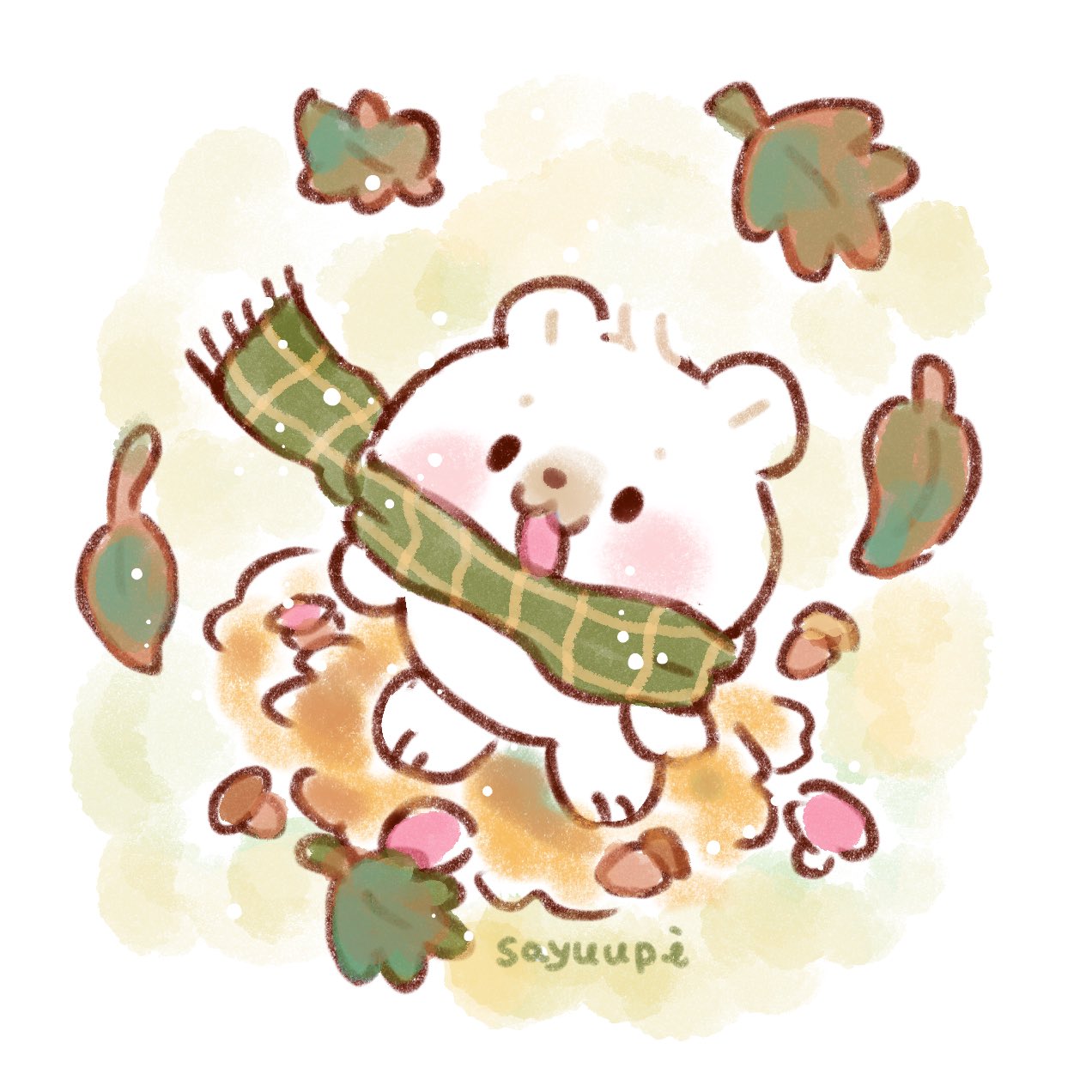 sayuupi, original, commentary, english commentary, highres, acorn, animal, animal focus, artist name, autumn leaves, bear, black eyes, blush, green scarf, happy, leaf, mushroom, no humans, polar bear, scarf, smile, solo