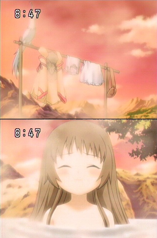 re mii, zoids, zoids genesis, anime screenshot, 00s, 1girl, bird, blue theme, brown hair, clock, clockshow, female focus, loli, long hair, onsen, smile, solo