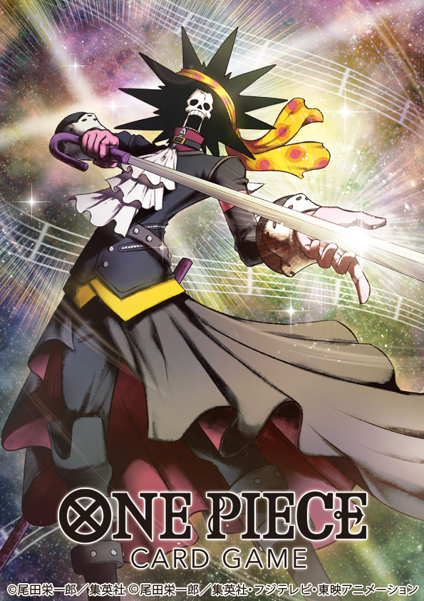 nekobayashi, brook (one piece), one piece, one piece card game, one piece film: red, commentary request, official art, 1boy, ascot, black boots, black hair, black jacket, black skirt, boots, copyright name, glint, gloves, holding, holding sword, holding weapon, jacket, male focus, musical staff, pink gloves, skeleton, skirt, spiked hair, sword, weapon, white ascot