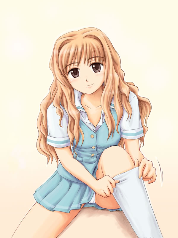 ryp, yamanobe miki, cross channel, 1girl, aqua vest, black eyes, blonde hair, brown eyes, crosschannel, dressing, female focus, hairband, kneehighs, long hair, looking at viewer, panties, pantyshot, pleated skirt, school uniform, serafuku, sitting, skirt, smile, sock pull, socks, solo, underwear, upskirt, vest, white panties