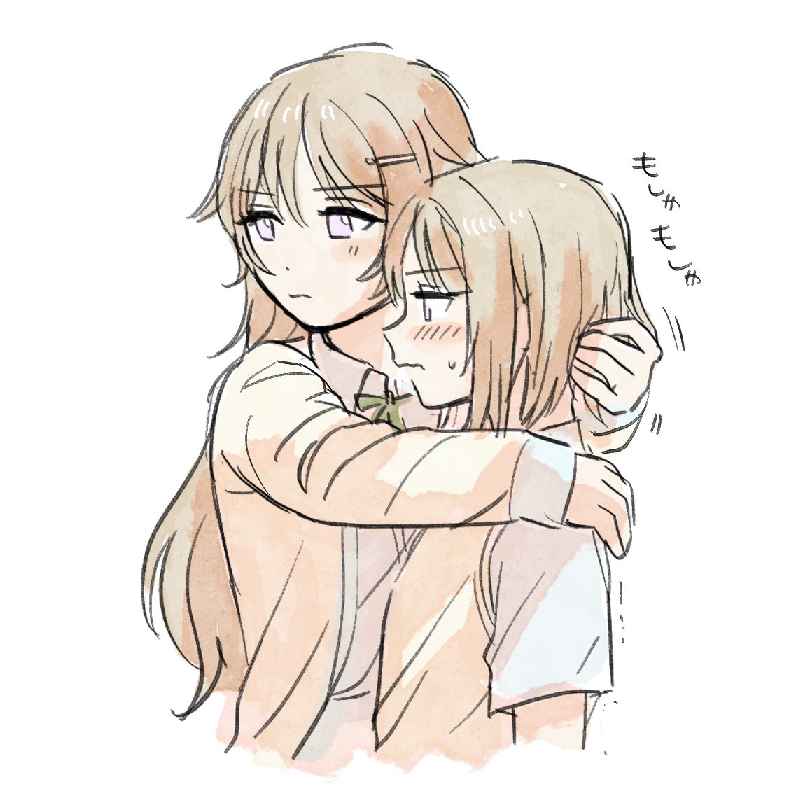 solllolll, miyashita ai, nakasu kasumi, love live!, love live! nijigasaki high school idol club, 2girls, blonde hair, brown hair, expressionless, gyaru, hug, messy hair, multiple girls, nijigasaki school uniform, orange nails, ponytail, school uniform