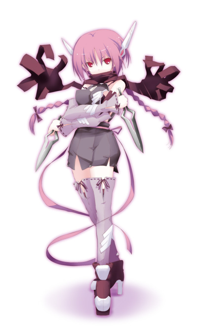 dasoku sentarou, original, 1girl, boots, braid, dagger, female focus, grey thighhighs, holding, holding dagger, holding knife, holding weapon, knife, long hair, long sleeves, ninja, pink hair, red eyes, ribbon, scarf, simple background, solo, thighhighs, twin braids, weapon, white background, zettai ryouiki