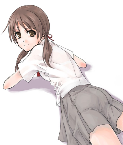 hashimoto yoshikazu, ooyari ashito, original, lowres, 1girl, brown eyes, brown hair, female focus, long hair, looking at viewer, lying, pleated skirt, school uniform, see-through clothes, see-through shirt, serafuku, shirt, simple background, skirt, smile, solo, split mouth, twintails, white background