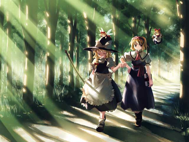 yuuki tatsuya, alice margatroid, hourai doll, kirisame marisa, shanghai doll, touhou, white legwear, duplicate, >:d, 2girls, :d, ^ ^, annoyed, apron, ascot, blonde hair, blue dress, book, boots, bow, braid, broom, capelet, closed eyes, doll, dress, female focus, flying, forest, frills, grass, grin, hair bow, hairband, hand on own hip, hat, hat bow, light rays, mary janes, messy hair, multiple girls, nature, open mouth, outdoors, raised eyebrow, road, sash, shirt, shoes, short hair, skirt, skirt set, smile, sunbeam, sunlight, teeth, tree, v-shaped eyebrows, vest, waist apron, witch hat, | |