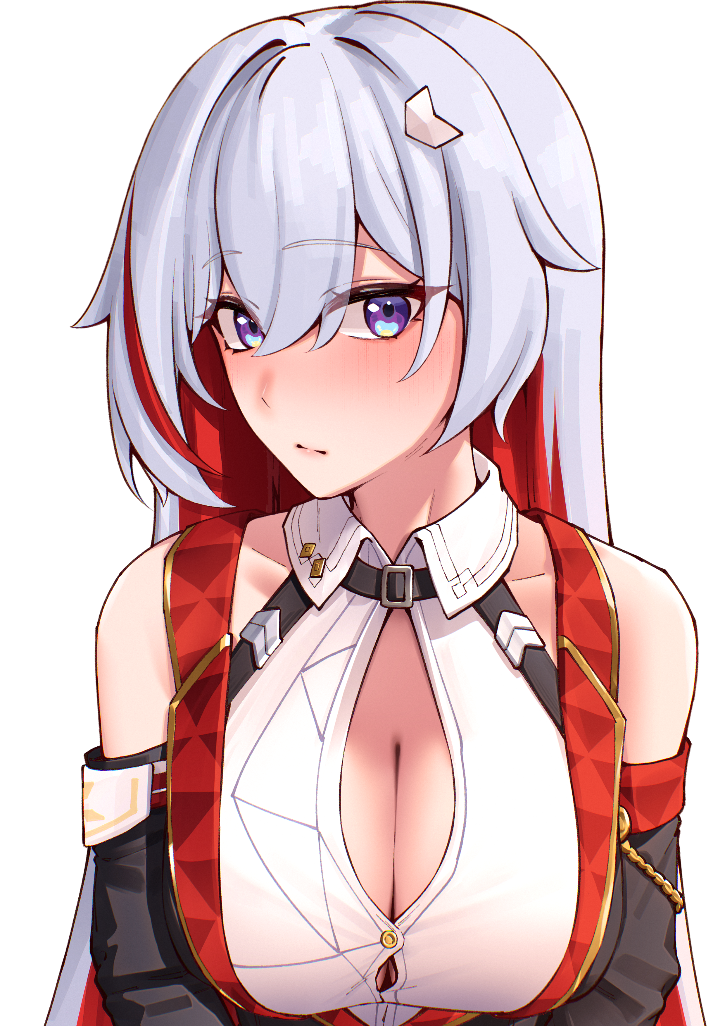 pyeong il, topaz (honkai: star rail), honkai: star rail, honkai (series), absurdres, commentary request, highres, korean commentary, 1girl, alternate hair length, alternate hairstyle, bare shoulders, blue eyes, colored inner hair, grey hair, hair ornament, multicolored hair, red hair, shirt, simple background, solo, upper body, white background, white shirt