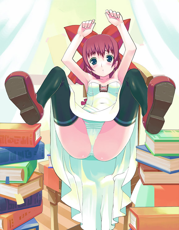ryuuta, ryuuta (msxtr), original, 1girl, armpits, arms up, ass, black thighhighs, blue eyes, blush, book, bow, breasts, brown hair, chair, clothes lift, covered navel, curtains, dress, dress lift, female focus, green panties, hair bow, legs up, long hair, panties, pantyshot, red bow, shoes, sitting, solo, spread legs, thighhighs, underwear, white dress, white panties