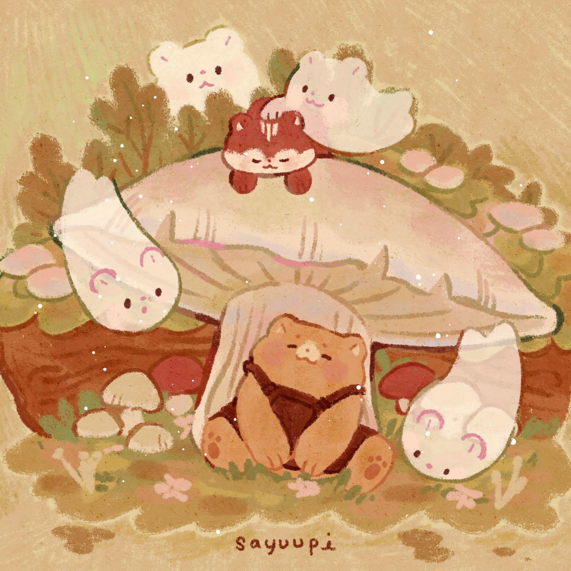 sayuupi, original, commentary, english commentary, highres, animal, apron, artist name, bear, blush, ghost, grass, mushroom, no humans, sitting, sleeping, smile, squirrel