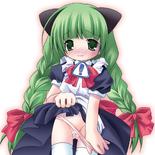 ogawa shizuka, me-tan, os-tan, lowres, !, 1girl, blush, braid, clothes lift, female focus, green hair, lifting own clothes, loli, long hair, maid, nose blush, panties, panty pull, sign, skirt, skirt lift, solo, thighhighs, twin braids, underwear, warning sign, white panties, white thighhighs