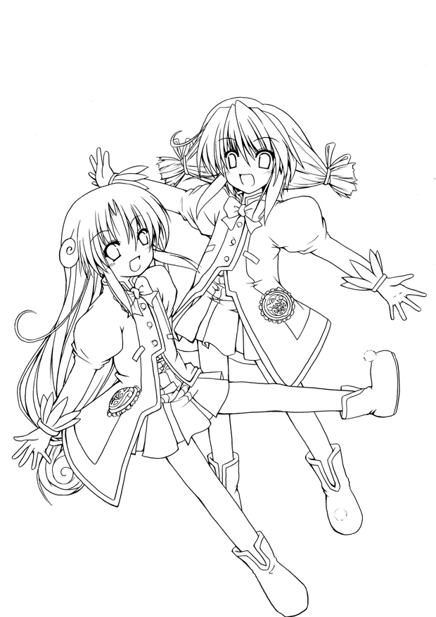 kirisaki byakko, fine (futagohime), rein (futagohime), fushigiboshi no futago hime, 00s, 2girls, ahoge, blush, boots, bow, bowtie, gloves, greyscale, lineart, long hair, monochrome, multiple girls, outstretched arms, ponytail, short twintails, skirt, spread arms, twintails, very long hair