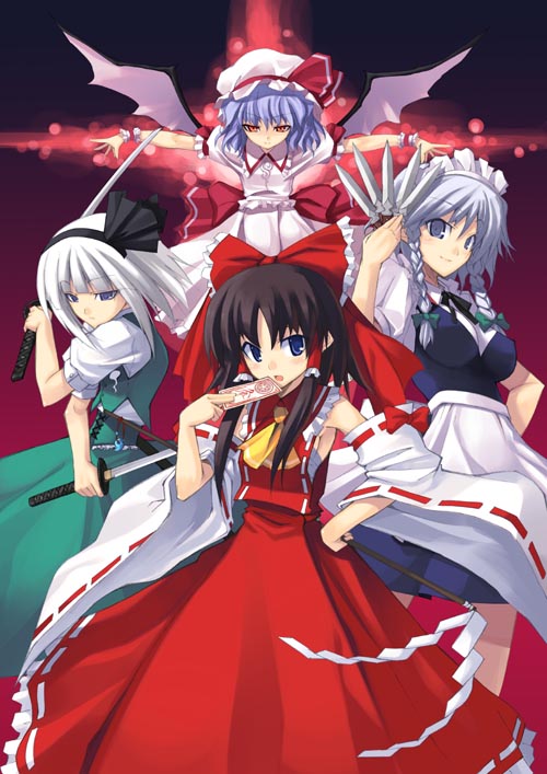 shingo (missing link), hakurei reimu, izayoi sakuya, konpaku youmu, remilia scarlet, touhou, bat wings, black hair, blue eyes, bow, braid, detached sleeves, gohei, hat, katana, maid, maid headdress, purple hair, red eyes, ribbon, short hair, sword, twin braids, weapon, white hair, wings