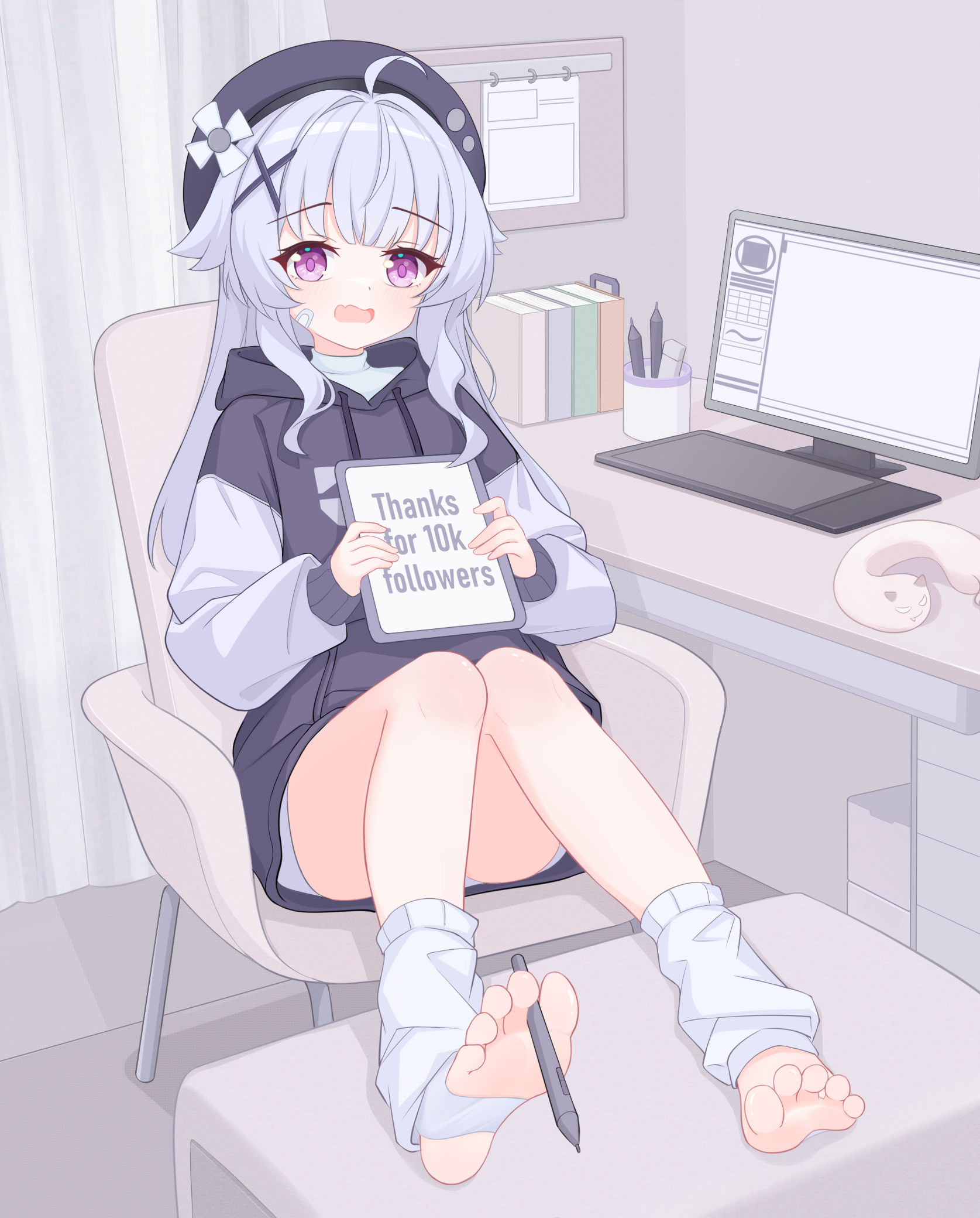 eugenecolin, original, toeless socks, highres, barefoot, between toes, blush, fang, hat, holding with feet, indoors, legs, purple eyes, skin fang, soles, solo, toes