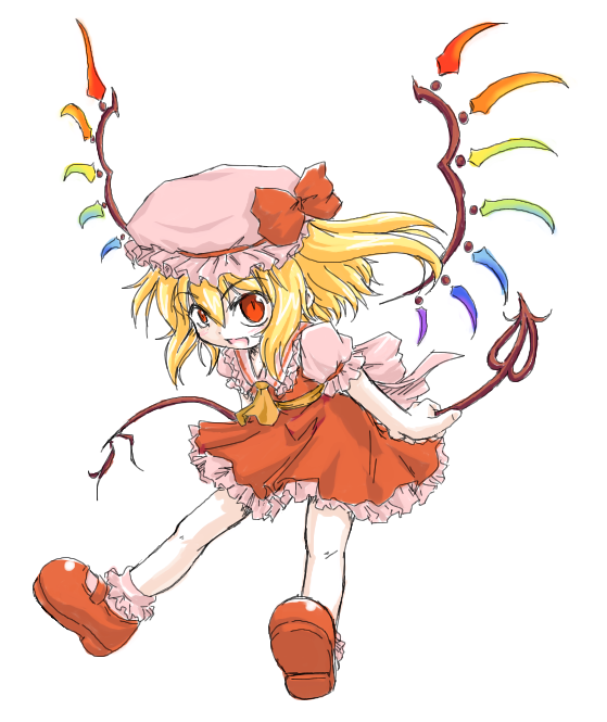 neko shiki (artist), flandre scarlet, embodiment of scarlet devil, touhou, 1girl, alternate wings, blonde hair, female focus, hat, laevatein, mary janes, mob cap, red eyes, red shoes, shoes, solo, wings