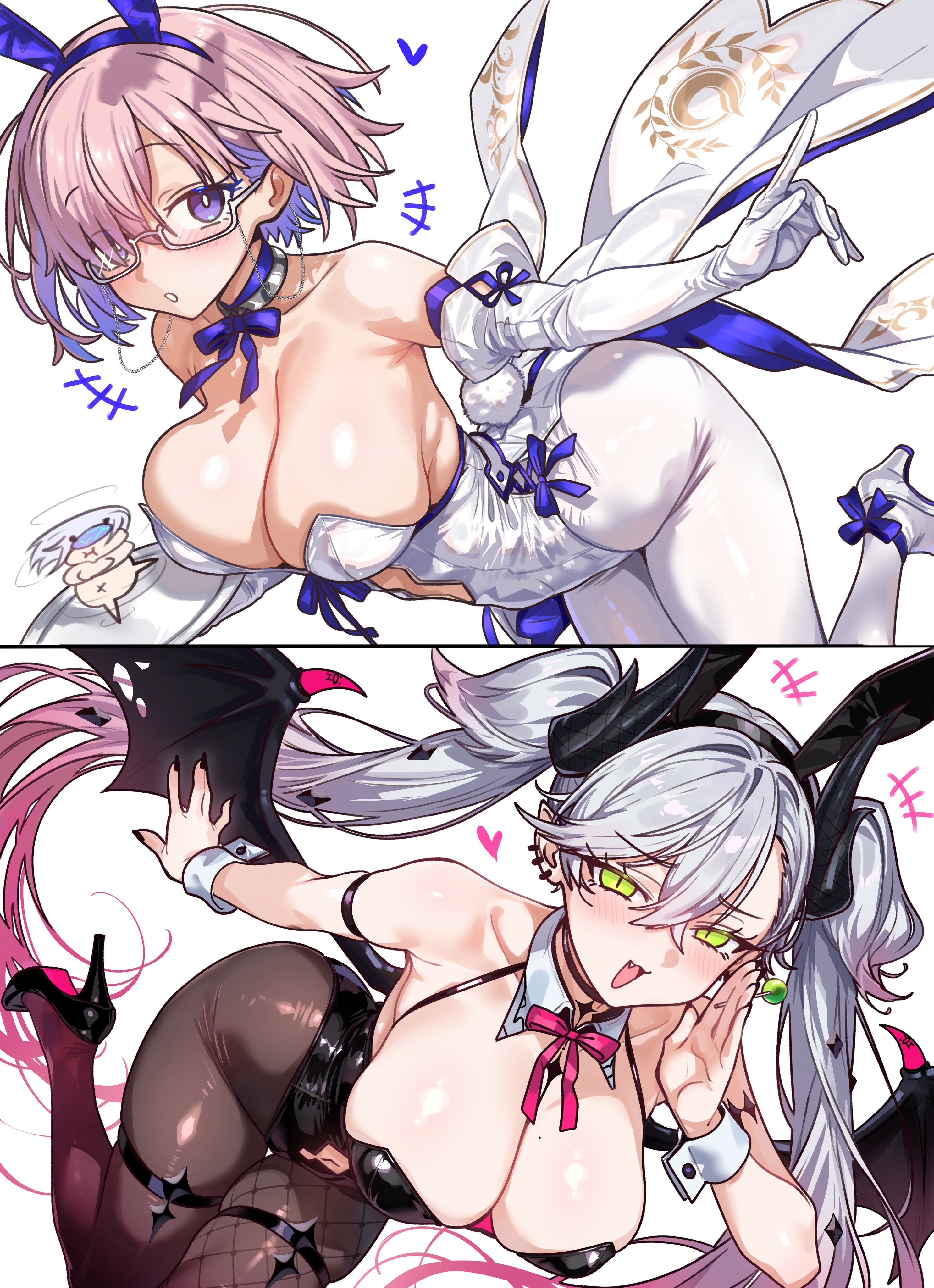ebora, lilith (fate), mash kyrielight, mash kyrielight (paladin), melusine (fate), fate/grand order, fate (series), absurdres, highres, 3girls, animal ears, bare shoulders, black leotard, blush, body markings, bow, bowtie, breasts, brown pantyhose, candy, chibi, choker, cleavage, clothing cutout, coattails, colored inner hair, crossed bangs, demon girl, demon horns, demon wings, detached collar, ear piercing, elbow gloves, fake animal ears, fake tail, food, glasses, gloves, green eyes, grey hair, hair between eyes, hair over one eye, high heels, highleg, highleg leotard, horns, large breasts, leotard, lollipop, long hair, looking at viewer, multicolored hair, multiple girls, navel, navel cutout, open mouth, pantyhose, piercing, pink hair, playboy bunny, pointy ears, purple eyes, purple hair, rabbit ears, rabbit tail, short hair, smile, tail, thighs, twintails, very long hair, white gloves, white leotard, white pantyhose, wings, wrist cuffs