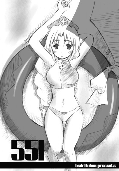 bedrawbox, mizushima kai, yagokoro eirin, touhou, 1girl, :o, adapted costume, arms behind head, beach, beach umbrella, bikini, blush, braid, female focus, greyscale, hat, hip focus, innertube, long hair, looking at viewer, lying, monochrome, navel, nurse cap, on back, parted bangs, solo, swim ring, swimsuit, tankini, thigh gap, umbrella, very long hair, white hair