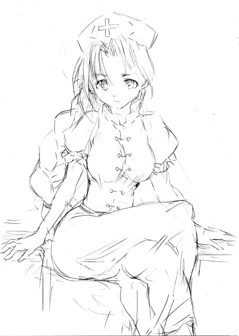 fujiwara shun'ichi, yagokoro eirin, touhou, 1girl, braid, crossed legs, female focus, greyscale, long hair, monochrome, nurse, simple background, sitting, sketch, smile, solo