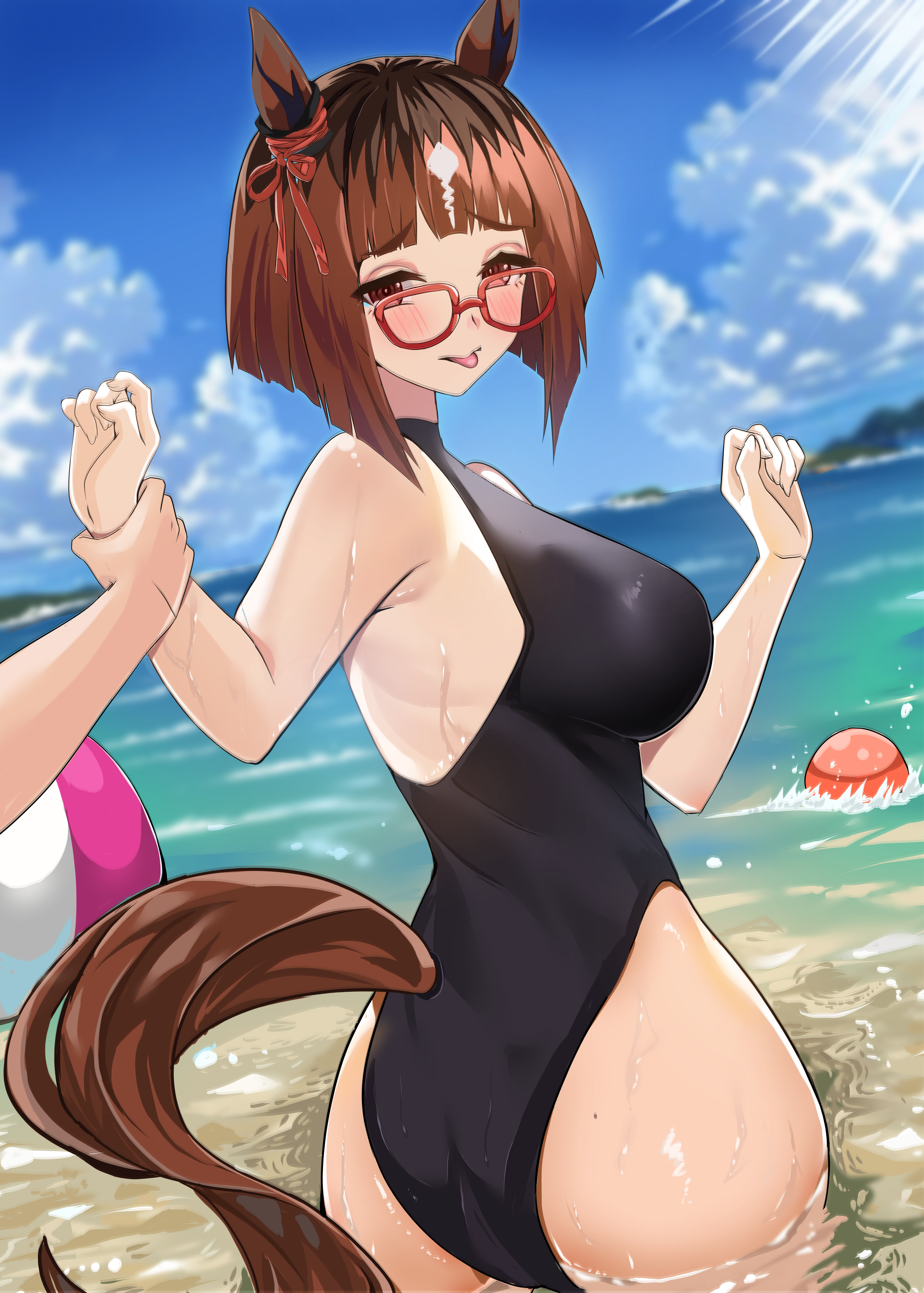 bigboss021, transcend (umamusume), umamusume, absurdres, commentary request, highres, 1girl, 1other, animal ears, ball, beach, black one-piece swimsuit, blue sky, bow, breasts, brown eyes, brown hair, casual one-piece swimsuit, cloud, day, ear ribbon, glasses, grabbing another's arm, horizon, horse ears, horse girl, horse tail, large breasts, looking at viewer, multicolored hair, ocean, one-piece swimsuit, outdoors, red-framed eyewear, red eyes, short hair, sky, swimsuit, tail, turtleneck, turtleneck one-piece swimsuit