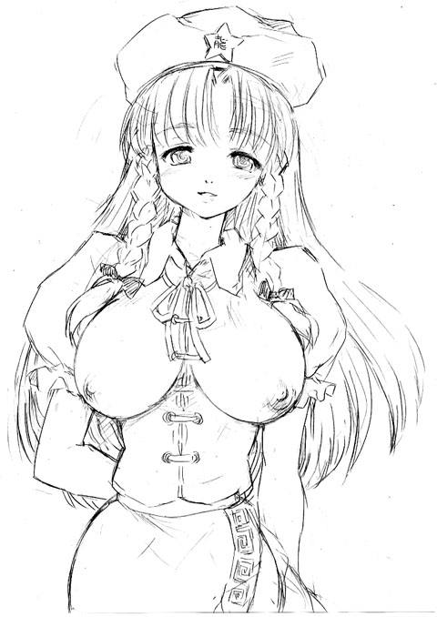 fujiwara shun'ichi, hong meiling, embodiment of scarlet devil, touhou, 1girl, arm behind back, bow, braid, breastless clothes, breasts, china dress, chinese clothes, dress, female focus, greyscale, hair bow, hat, hat ornament, large breasts, long hair, monochrome, nipples, sketch, solo, star (symbol), star hat ornament, twin braids
