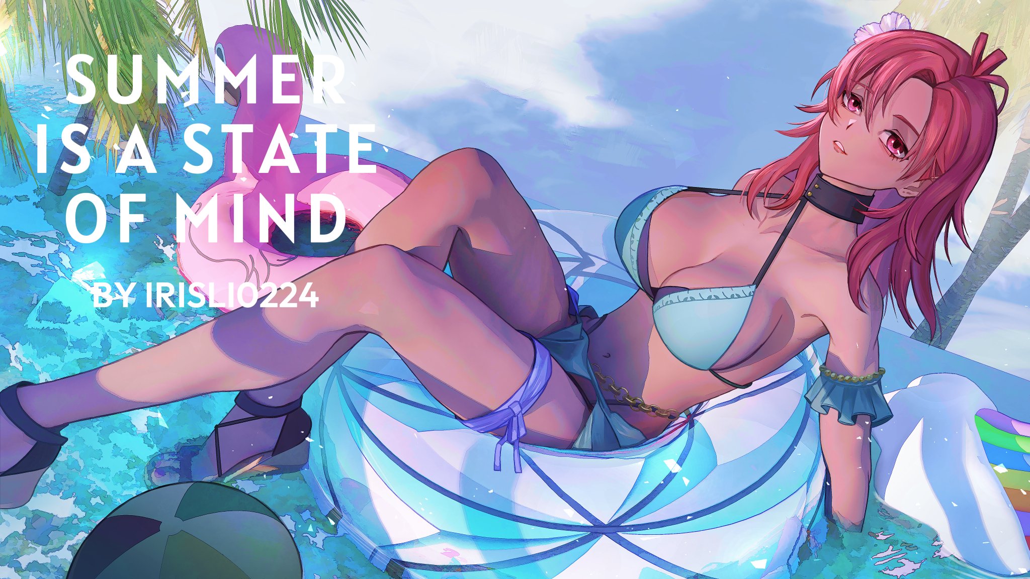 irisl, hapi (fire emblem), hapi (summer) (fire emblem), fire emblem, fire emblem: three houses, fire emblem heroes, nintendo, highres, 1girl, ball, bare shoulders, beachball, bikini, black choker, breasts, choker, cleavage, collarbone, dark-skinned female, dark skin, flower, green bikini, hair flower, hair ornament, inflatable flamingo, innertube, jewelry, large breasts, navel, official alternate costume, outdoors, parted lips, red eyes, red hair, sandals, smile, solo, swim ring, swimsuit, teeth, water
