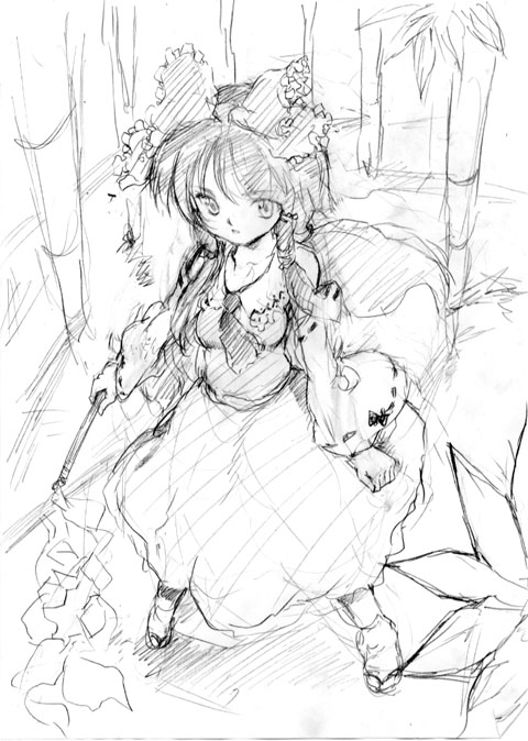 fujiwara shun'ichi, hakurei reimu, touhou, >:<, 1girl, :<, ascot, bamboo, bamboo forest, bow, closed mouth, detached sleeves, female focus, forest, from above, geta, gohei, greyscale, hair bow, hair tubes, large bow, long sleeves, monochrome, nature, parted lips, sketch, skirt, socks, solo, v-shaped eyebrows, vest, wide sleeves