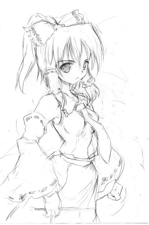 fujiwara shun'ichi, hakurei reimu, touhou, 1girl, bow, detached sleeves, female focus, greyscale, hair bow, hair tubes, long sleeves, monochrome, necktie, ponytail, sketch, solo