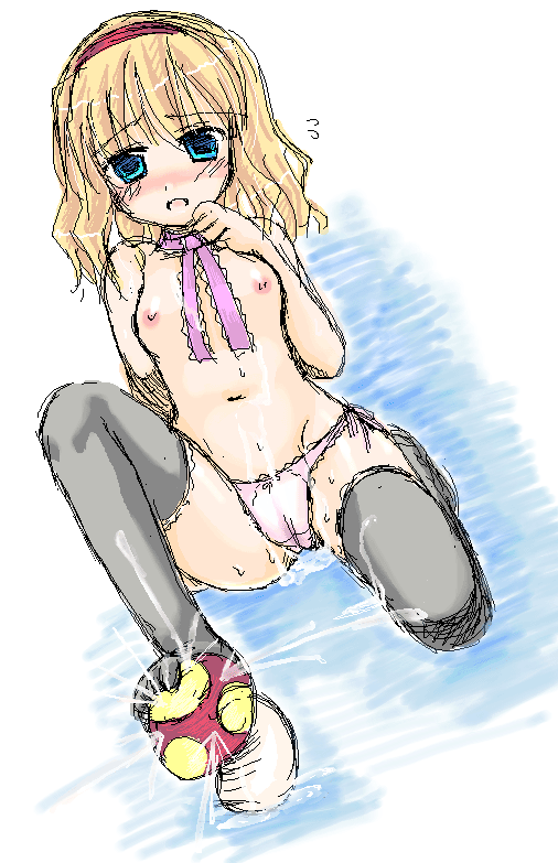 shigemiya kyouhei, alice margatroid, touhou, 1girl, black thighhighs, blonde hair, blue eyes, breasts, feet, female focus, flat chest, footjob, hairband, mushroom, nipples, oekaki, open mouth, panties, sexually suggestive, short hair, simulated footjob, solo, thighhighs, underwear