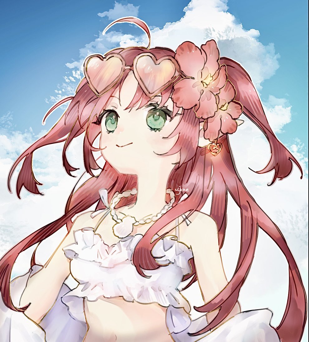 myrtle (arknights), myrtle (summer flowers) (arknights), arknights, 1girl, ahoge, bikini, eyewear on head, flower, green eyes, hair flower, hair ornament, heart, heart-shaped eyewear, jewelry, long hair, official alternate costume, pointy ears, red hair, sky, smile, solo, swimsuit, ujoe 7hr, upper body, white bikini