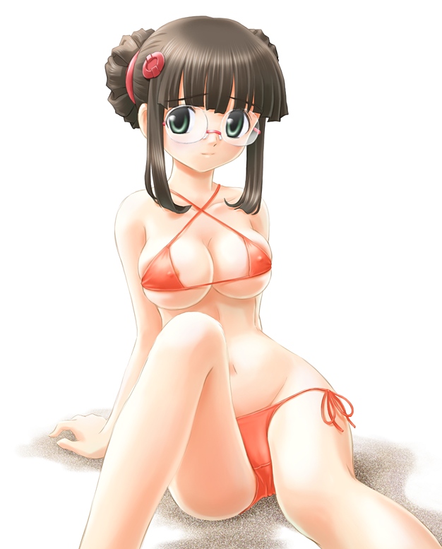 fujisawa yayoi, fujisawa yayoi (uchuu no stellvia), uchuu no stellvia, 00s, 1girl, bikini, breasts, brown hair, cameltoe, cleavage, covered erect nipples, donut hair bun, double bun, female focus, glasses, green eyes, hair bun, hair ornament, large breasts, navel, orange bikini, shadow, side-tie bikini bottom, sitting, solo, string bikini, swimsuit