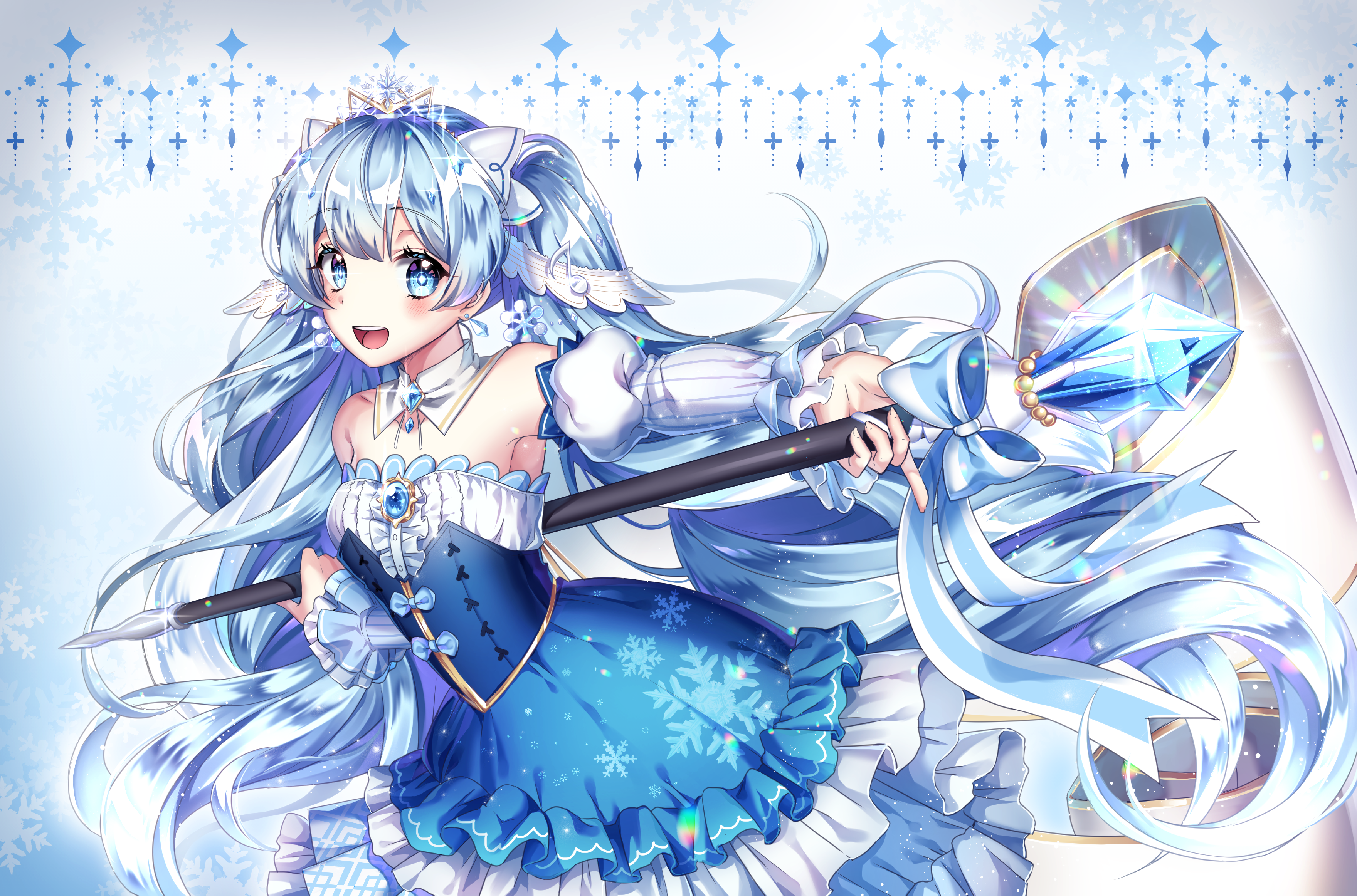 hatsune miku, yuki miku, yuki miku (2019), vocaloid, absurdres, highres, 1girl, aqua nails, blue eyes, blue hair, blush, collarbone, detached collar, dress, fortissimo, frilled dress, frills, hair ornament, hikary2007, holding, holding scepter, jewelry, long hair, long sleeves, looking at viewer, musical note, musical note hair ornament, official alternate costume, official alternate hairstyle, open mouth, puffy long sleeves, puffy sleeves, scepter, smile, snowflake print, solo, strapless, strapless dress, twintails, very long hair