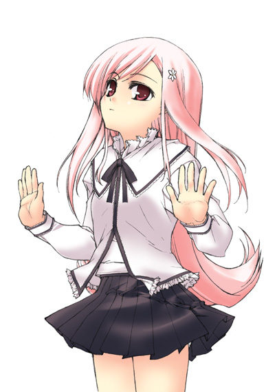 tololi, lucy maria misora, to heart (series), to heart 2, 00s, 1girl, female focus, hair ornament, hands up, long hair, long sleeves, pink eyes, pink hair, pleated skirt, school uniform, serafuku, simple background, skirt, solo, white background