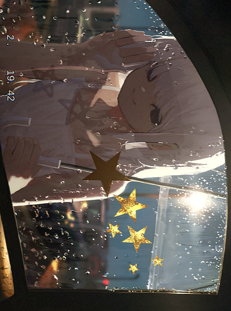 utwob0, original, 1girl, against glass, backlighting, black eyes, blunt bangs, blurry, blurry background, camisole, car interior, closed mouth, condensation, dated, hand on glass, holding, holding umbrella, long hair, looking at viewer, sidelocks, sideways, smile, solo, spaghetti strap, star (symbol), umbrella, white camisole, white hair