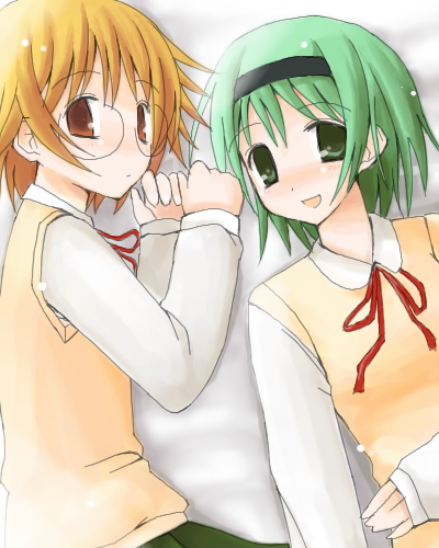 kakifly, yamada michiru, yoshioka chie, to heart (series), to heart 2, lowres, 00s, 2girls, bed sheet, brown eyes, glasses, green eyes, green hair, hairband, long sleeves, lying, multiple girls, on back, on side, orange hair, school uniform, serafuku, short hair, sweater vest